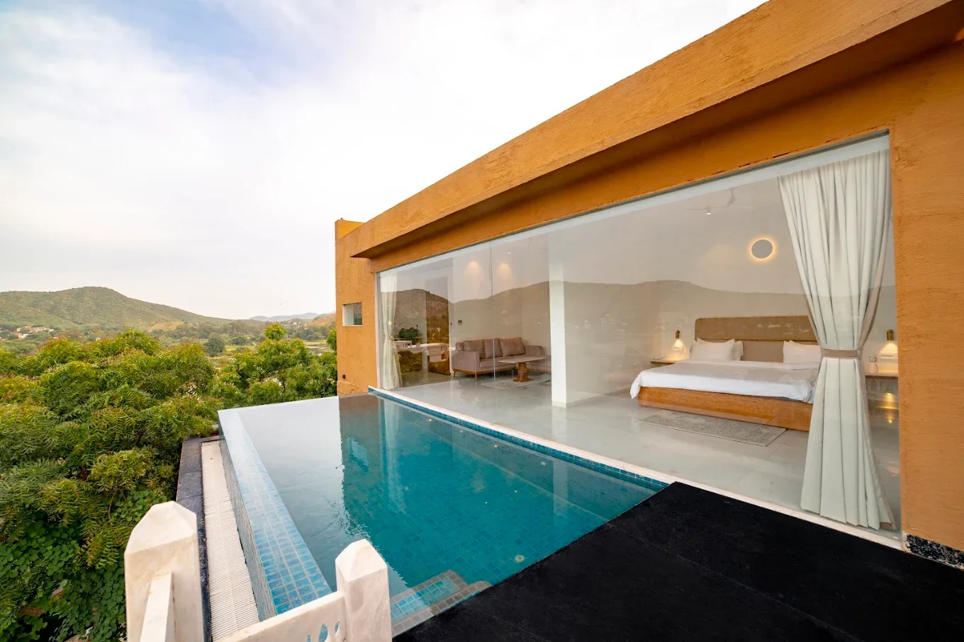 Private pool villa with panoramic views of the Aravalli hills and Bagela Lake