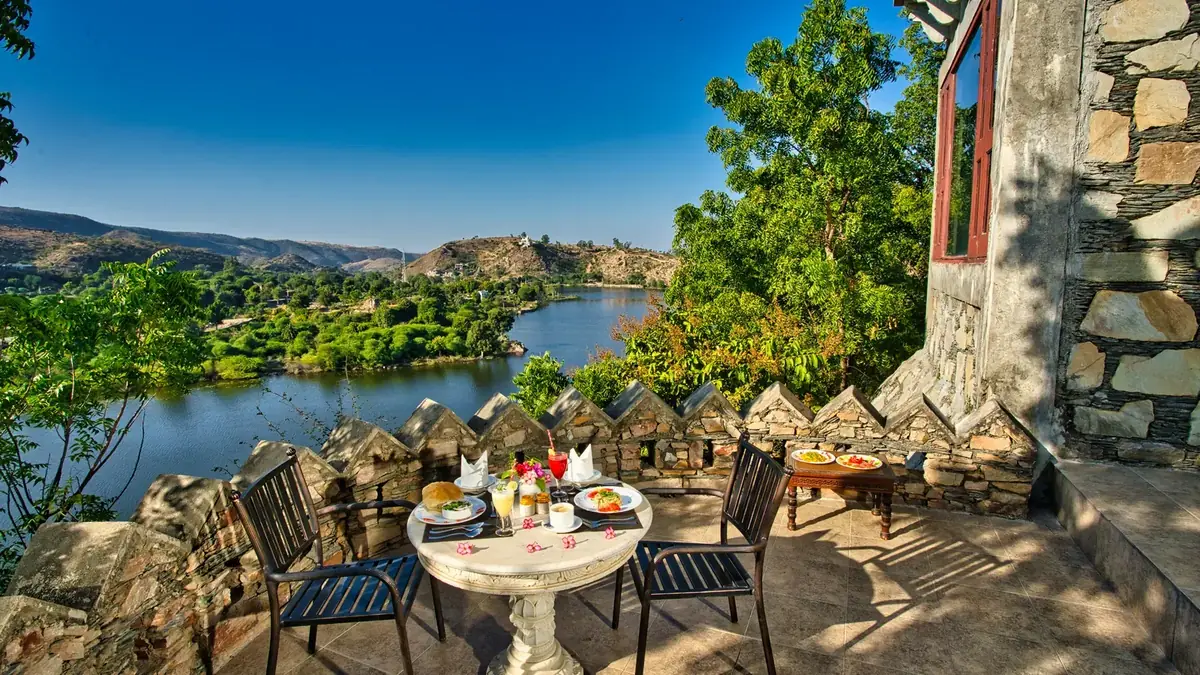 Breakfast terrace overlooking Bagela Lake