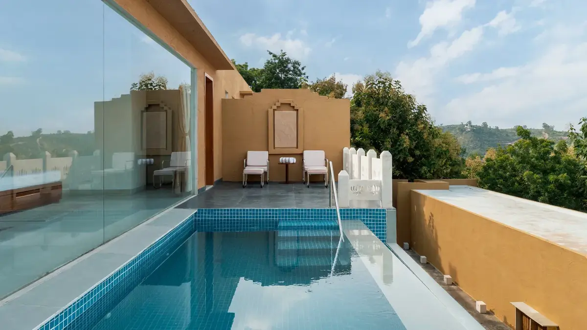 Private suite pool and terrace overlooking the green hills at YAAN Udaipur
